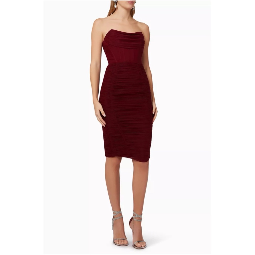 Lavish Alice Mesh Corset Ruched Sleeveless Midi Dress in Burgundy